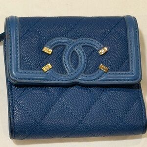 Chanel Blue Quilted Leather Trifold Wallet with Interlocking Logo
